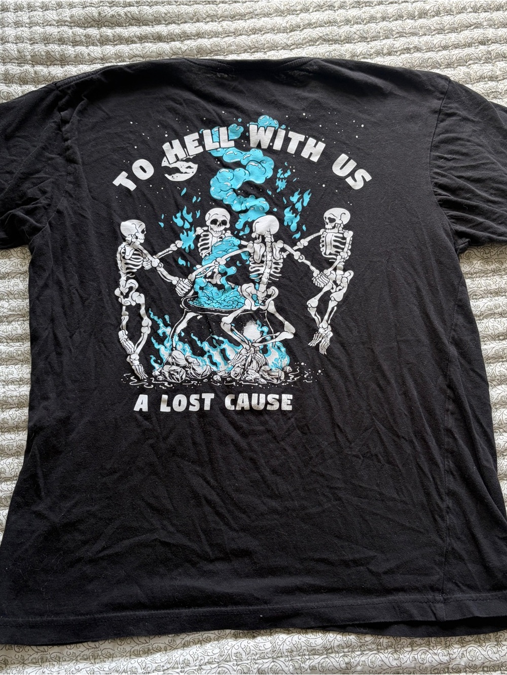 Lost Black Graphic Tee with White Skeletons and Blue Flames